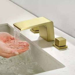 Bathroom Sink Faucets Top Quality Brass Faucet 3 Holes 2 Handles Basin Mixer Tap Cold Water Square Modern Waterfall