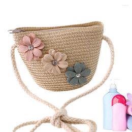 Storage Bags Kids Straw Bag Little Girls Flower Shoulder Crossbody Boho Woven Tote Handbag For Summer Vacation Travel Outing Dating