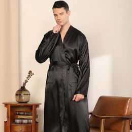 Mens Sleepwear Long Robe Men Homewear Satin Kimono Bathrobe Gown With Belt Black Loose Nightgown Groom Cardigan Home Dressing