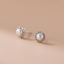 Stud Earrings 925 Sterling Silver For Women Zircon Synthetic Pearl Earring Round Woman