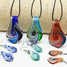 Necklace Earrings Set 3 Sets Different Colour Whirlwind Pattern Ribbons Glass Murano Leaf Pendant Chinese Style Coloured Glaze Jewellery