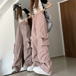 Womens Pants Capris Women Solid Cargo Harajuku Wide Leg Drawstring Tech Trousers Streetwear Female Baggy Pockets Y2K Joggers 230707