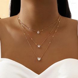 Choker Crystal Zircon Heart Star Charm Layered Pendant Necklace Set For Women Charms Fashion Square Rhinestone Female Vintage Jewellery