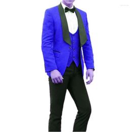 Men's Suits Men Royal Blue Pattern And Black Groom Tuxedos Shawl Satin Lapel Groomsmen Wedding Man ( Jacket Pants Vest Tie ) C768