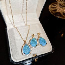 Necklace Earrings Set DREJEW Blue Water Drop Luxurious Pendant Full Rhinestone Zircon Earring Jewelry Vintage Feamle Choker