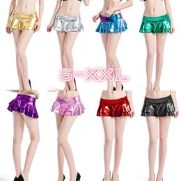 Skirts Gold Shiny Sexy Low Waist Luminous Miniskirt Women Metallic Faux Leather Pleated Night Club Bar PU Fantasy Mini Skirt 230707