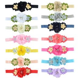 Hand Sewing Rhinestone Beads Chiffon Floral Headband Infant Fashion Flowers Elastic Hairband Kids Hair Accessories