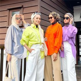 Ethnic Clothing 2023 Spring Abayas Women Muslim Casual Long Sleeve Lapel Tops Turkey Solid Color Blouse Shirt Dubai Islamic Arabic Eid