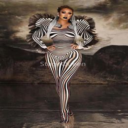 Seksi sahne zebra desen tulum kadın şarkıcı seksi sahne kıyafeti bar ds dans cosplay bodysuit kostüm promu costume308a