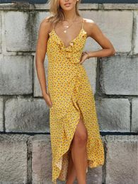 Casual Dresses Fashion Women Long Dress Floral Print Ruffles V-Neck Sleeveless Backless Summer Beach Party Cami