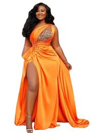 Arabic Aso Ebi Orange Beaded Crystals Evening Dresses High Split Prom Wears One Shoulder Formal Party Second Reception Gowns