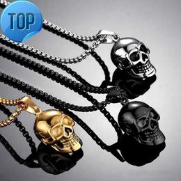 Vintage Gold Colour Black Hip Hop Statement Necklaces Men Male Boho Jewellery Punk Steel Skull Chain Pendant Necklace