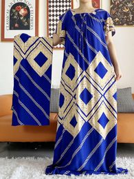 Ethnic Clothing Short Sleeve Dress With Big Scarf African Dashiki Boat Neck Floral Printing Cotton Caftan Lady Summer Maxi Casual