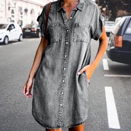 Casual Dresses Ladies Dress Button Pocket Summer Mini Short Sleeve Lapel Denim Solid Colour Single-breasted Side Split