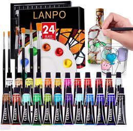 Painting Supplies 12 24 Colours Stain Glass Paint Set with 6 Nylon Brushes 1 Palette Waterproof Acrylic Enamel Kit for Kids 230706