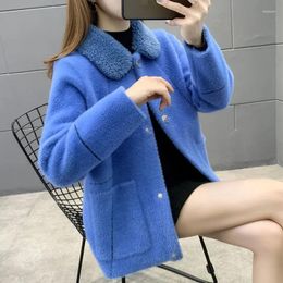 Women's Knits Women Faux Mink Velvet Sweater Jacket 2023 Autumn Winter Knitted Coats Pockets Solid Casual Female Cardigan Outwear