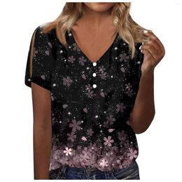 Women's T Shirts Womens V Neck Flroal Print Tops Women Fashion Short Sleeve Button Female Summer Casual Side Split Tunic Top 2023