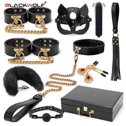 Adult Toys BLACKWOLF BDSM Bondage Kits Genuine Leather Restraint Set Handcuffs Collar Gag Vibrators Sex For Women Couples Games 230706
