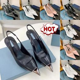 Sandálias de grife salto alto único sapatos p triângulo 35mm 75mm salto gatinho sandália para mulheres preto branco rosa azul sapatos de casamento pontiagudos com saco de pó 35-40