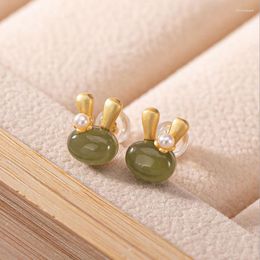 Stud Earrings Ancient Style Gold-Plated Jade Inlaid Adding Sweet Charm To Women