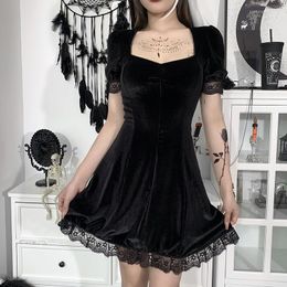 Casual Dresses Gothic Lolita Black Velvet Dress Women Summer Vintage Short Sleeve Fairy Party Mall Goth Mini Punk Streetwear