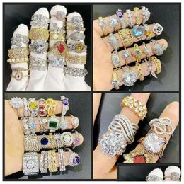 Solitaire Ring 24Pcs Lot Mix Designs Gemstone Exaggerated Micro Pave Zircon Crystal 18K Real Gold Plated Rings Wholesaler Drop Deliv Dhz3C