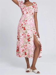 Casual Dresses 2023 Summer Women Square Collar Floral Printed Midi Dress Ladies Short Puff Sleeve Female Slit A-Line Mid-Length Sweet Robe