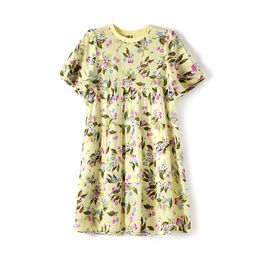 2023 Summer Yellow Floral Print Silk Dress Short Sleeve Round Neck Knee-Length Casual Dresses W3L047211