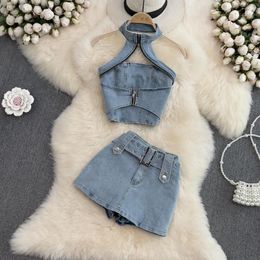 Women's Tracksuits Summer Women Halter Backless Sexy Denim Shorts Skirts Suit Fashion Elegant And Chic Jeans 2 Pieces Set Female Outfits