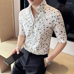 Men's Casual Shirts Luxury Sexy Translucent Hollow Lace Printed Shirt Korean Fashion Half Sleeve Tuxedo Man Wedding Social Slim Fit