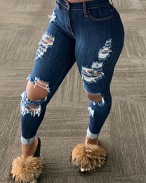 Womens Jeans Korean Slim Fit Fashion Solid Colour Ripped Hole Tassel Stretch Midwaist Denim Pencil Long Pants Trousers 230707