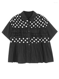 Women's Blouses Women Black Dot Printed Ruffles Big Size Blouse Lapel Short Sleeve Loose Fit Shirt Fashion Spring Summer M980