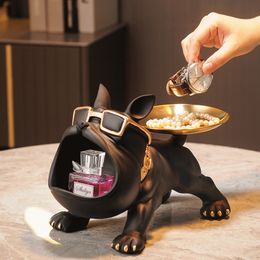 Decorative Objects Figurines Cool French Bulldog Butler Dcor with Tray Big Mouth Dog Statue Storage Box Animal Resin Sculputre Figurine Home Decor Gift 230707