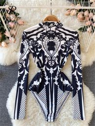 Women's Jumpsuits Rompers SINGREINY Design Autumn Print Rompers Women Stand Collar Long Sleeve Slim Jumpsuits Chic Fashion Sexy Bodycon Short Bodysuit 230707