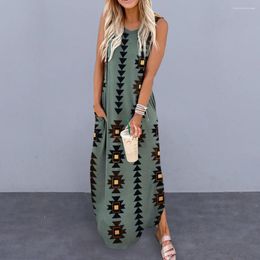 Casual Dresses Women Summer Dress Geometric Print Contrast Color Sleeveless O Neck Patch Pocket Loose Ankle Length Robe Vest