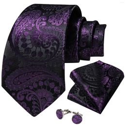 Bow Ties Wedding Accessories Gift For Men Luxury Silk Jacquard Woven 8cm Wide Business Purple Paisley Necktie Handkerchief Cufflinks