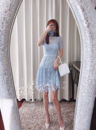 New S-elf Portrait Baby blue lace panel sexy short sleeve high waist short dress