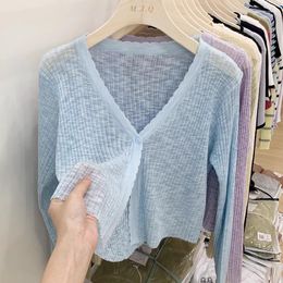 Women's Knits Summer V Neck Ice Silk Cardigans Women Long Sleeve Thin Cardigan Jacket Ladeis Air-conditioned Sun Protection Shirt Short Tops