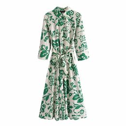 Dress Xeasy Summer Women Beach Style Green Floral Print Bow Sashes Midi Lapel Dress Female Chic Long Sleeve Casual Thin Slim Dresses