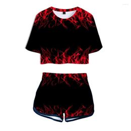 Women's Tracksuits 3D Printing Color Flame Exposed Navel T-shirt Shorts Two-Piece Sets Fashion Girl's Summer Pretty Red Suits