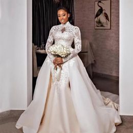 Graceful Lace A Line Wedding Dresses 2023 Beaded High Neck Plus Size Bridal Gowns With Detachable Train Long Sleeves Tulle Vestido312u