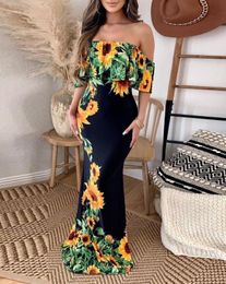 Basic Casual Dresses Elegant Women Sexy Sunflower Print Off Shoulder Ruffle Hem Mermaid Skinny Maxi Dress Vacation Fashion 2023 Summer 230707