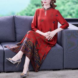 Casual Dresses 2023 Red Floral Mulberry Silk Cheongsam Dress Women Korean Vintage Spring Summer Long Sleeve Elegant