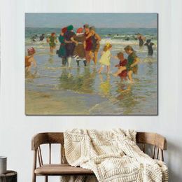 High Quality Canvas Art Edward Henry Potthast Painting Bathers at The Beach Beautiful Beach Artwork Family Room Wall Decor