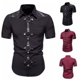 Men's Casual Shirts 2023 Summer Punk Short Sleeve Shirt Gothic Rivet Performance Clothing Fashion Black Red Solid Color Tops Clothes