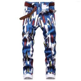 Men's Jeans Fashion 3D Pattern Slim Skinny Printed Blue White Stretch Denim Pants Teenagers Over Flowers Four Seasons Trousers