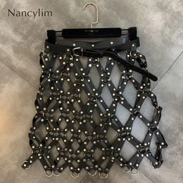 Skirts 2023 Autumn Pu Leather Skirt Women Sexy Diamond Grid Hollowed Out PU Outwear Nigh Club Lady Mini Mujer 230707