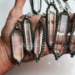 Strands Strings NM40567 Double Terminated Crystal Point Necklace Big Water Clear Quartz Talisman Pendulum Halloween Jewelry 230707