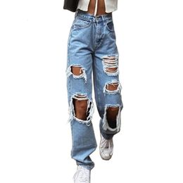 Womens Jeans Summer Baggy Jean Pants Ripped Loose Fit Wide Leg For Women High Waist Blue Wash Casual Cotton Denim Trousers 230707