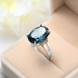 Cluster Rings Fashion Female Girl Crystal Blue Stone Ring Silver Color Love Round Zircon Wedding For Women Jewelry Girlfriend Gift